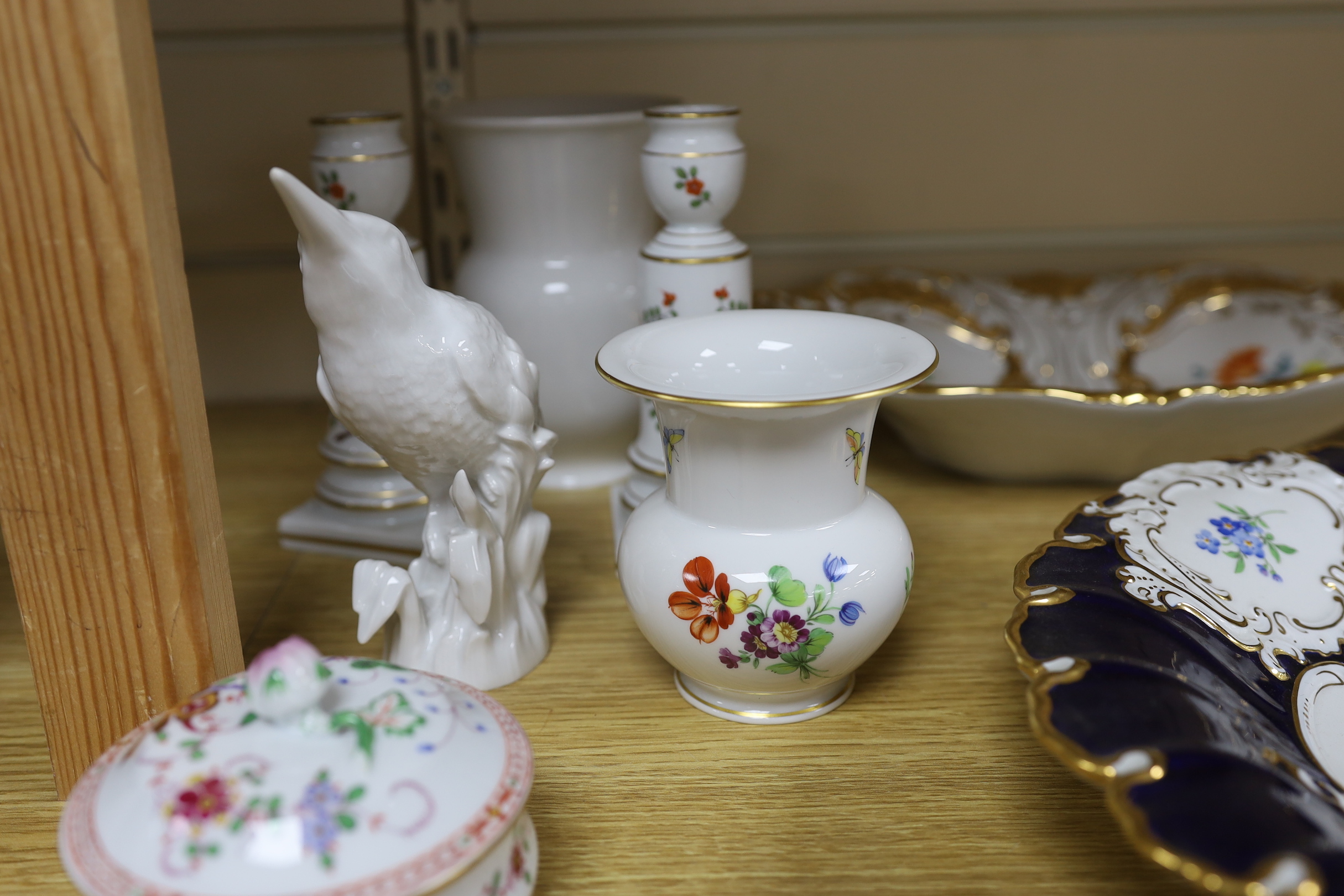 A group of Meissen and Berlin dishes, vases, candlesticks etc (8)